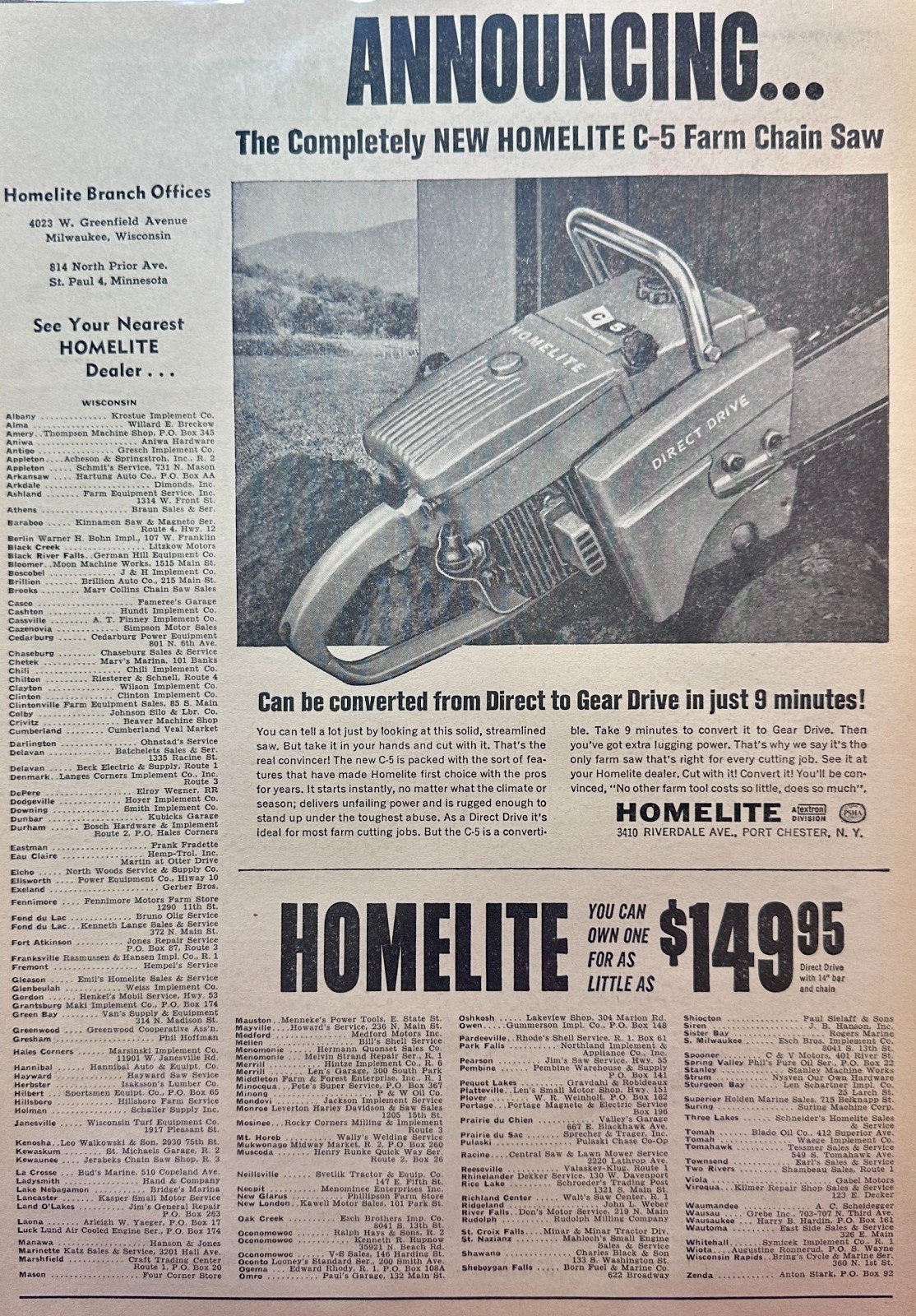 Lot of (2) Homelite Chain Saw Ads from the Early Sixties XL-12 & C5 Models 5098