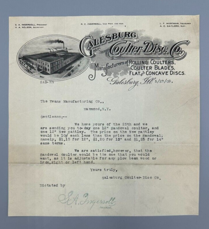 1909 Ingersoll Tillage GALESBURG COULTER DISC Tractor FARM Advertising Letter IL