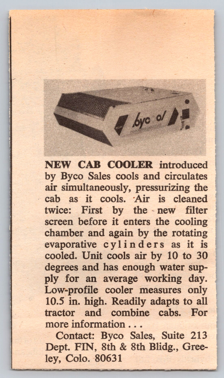 1973 Print Ad Byco Sales Greeley Colorado Cab Cooler