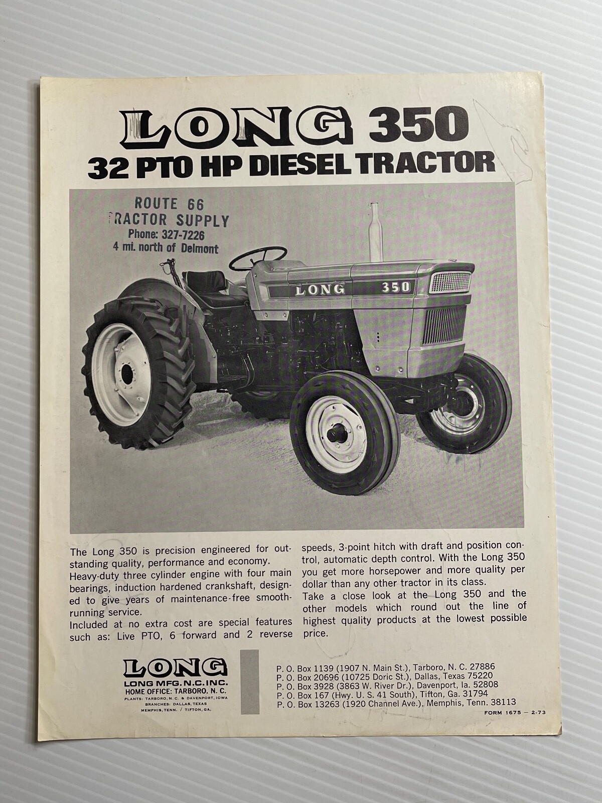Long 350 Diesel Tractor Sales Brochure *1973* (Showroom Sales Sheet)