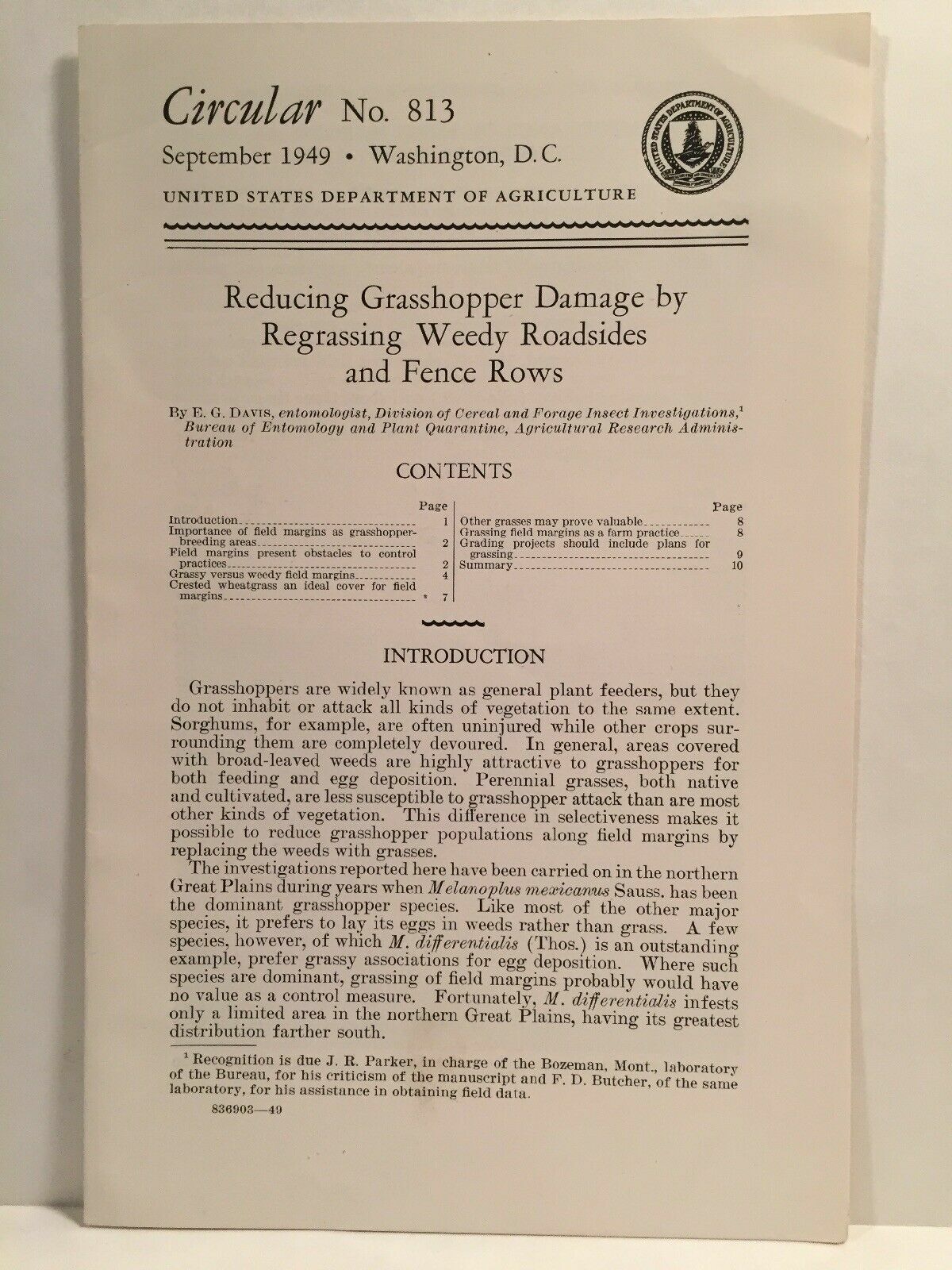 1949 USDA Farmers’ Bulletin No. 813 Reducing Grasshopper Damage Regrassing . . .