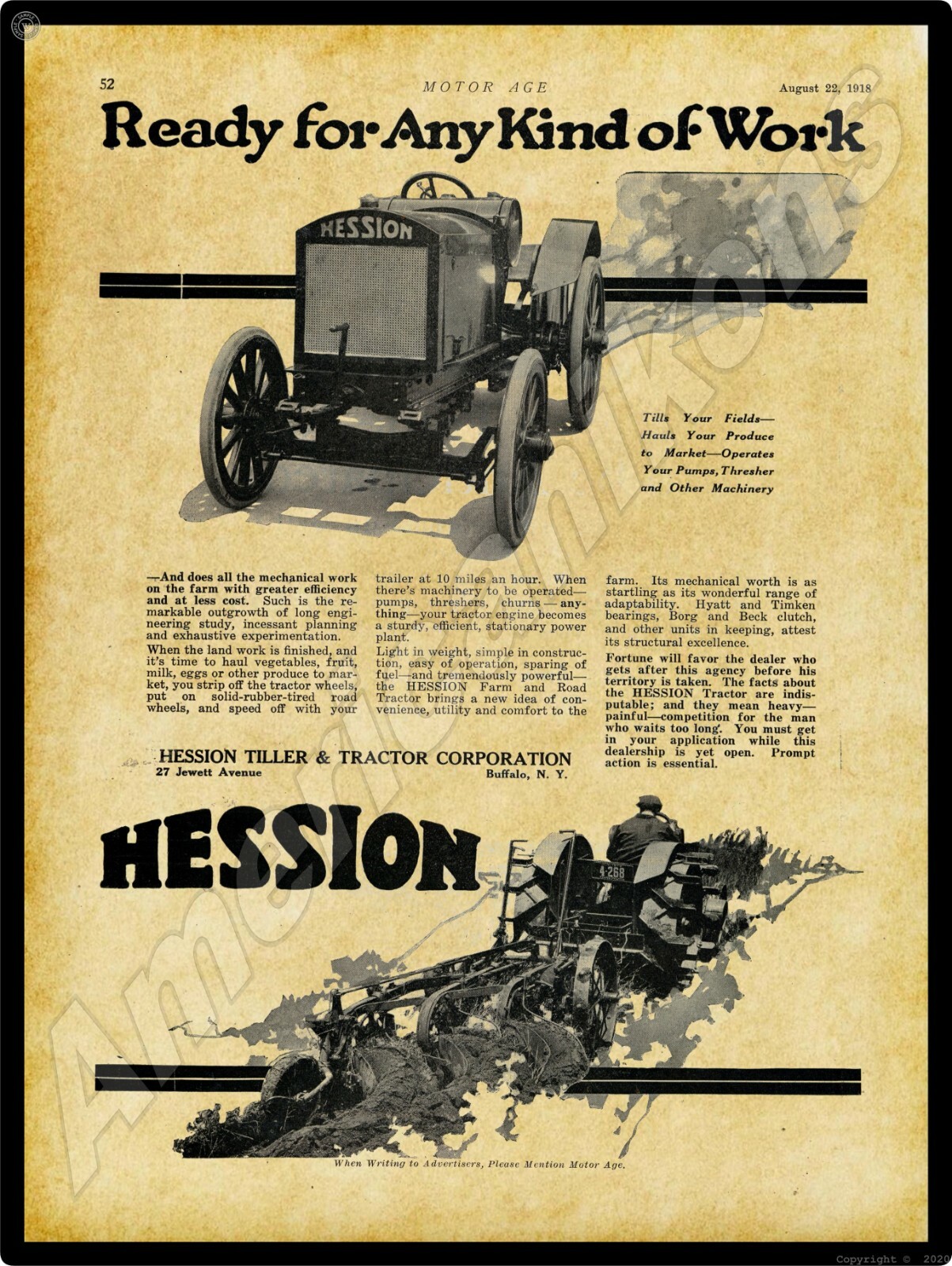 1918 Hession Tiller & Tractor Co. New Metal Sign: Buffalo, New York