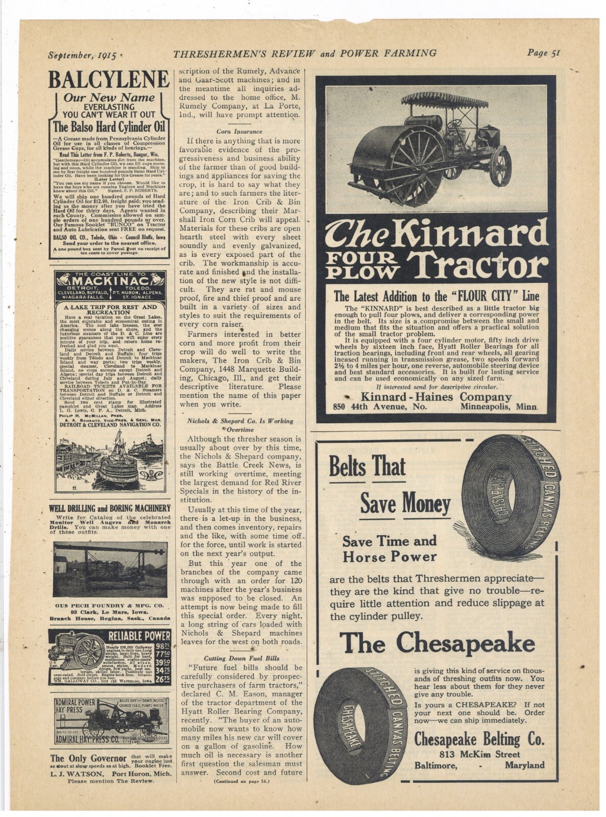 1915 Kinnard Haines Co. Ad: Four Plow Tractor – Flour City Line – Minneapolis