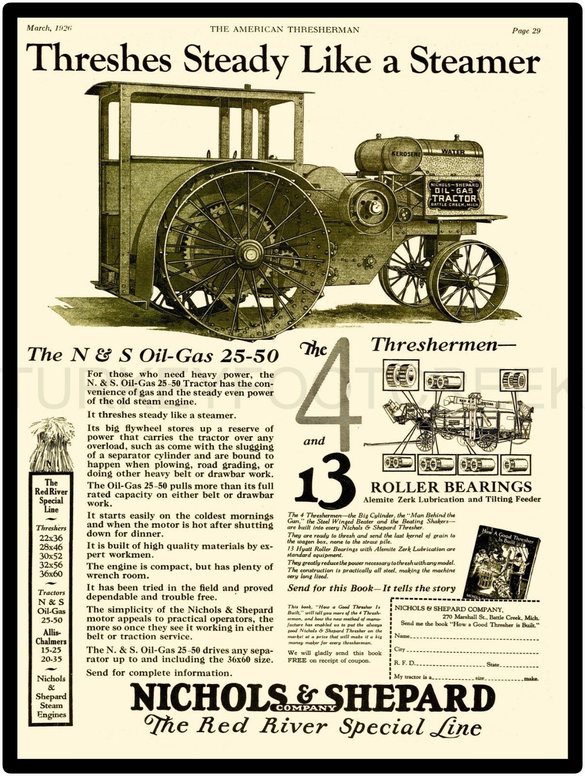 1926 Nichols & Shepard 25-50 Ad 9″ x 12″ Metal Sign