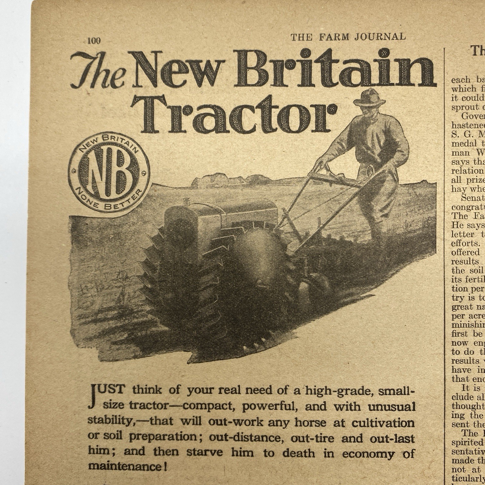 1920 The New Britain Farm Tractor Print Ad Compact Plow Farming Britain CT