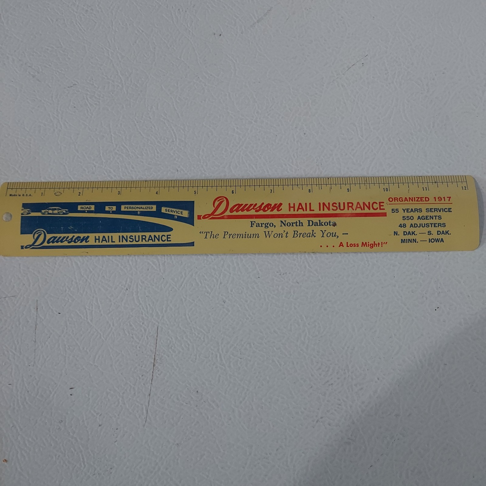 Vintage 1970’s Metal Agriculture Advertising Ruler Dawson Crop Hail Insurance