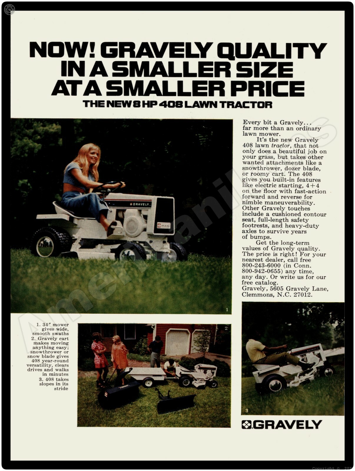 1971 Gravely Model 408 Lawn Mowers, Garden Tractors New Metal Sign: Clemmons NC