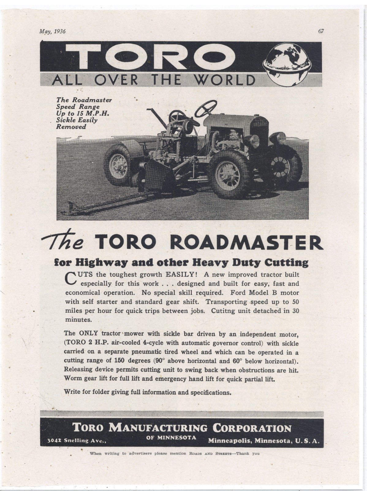 1936 Toro Roadmaster Highway Grass Cutting Mower – Minneapolis, Minnesota