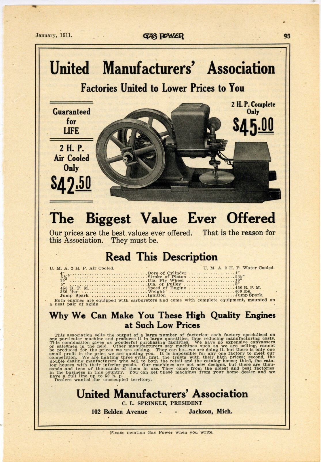 1911 United Manufacturer’s Association Ad: Gas Engines – Jackson, Michigan