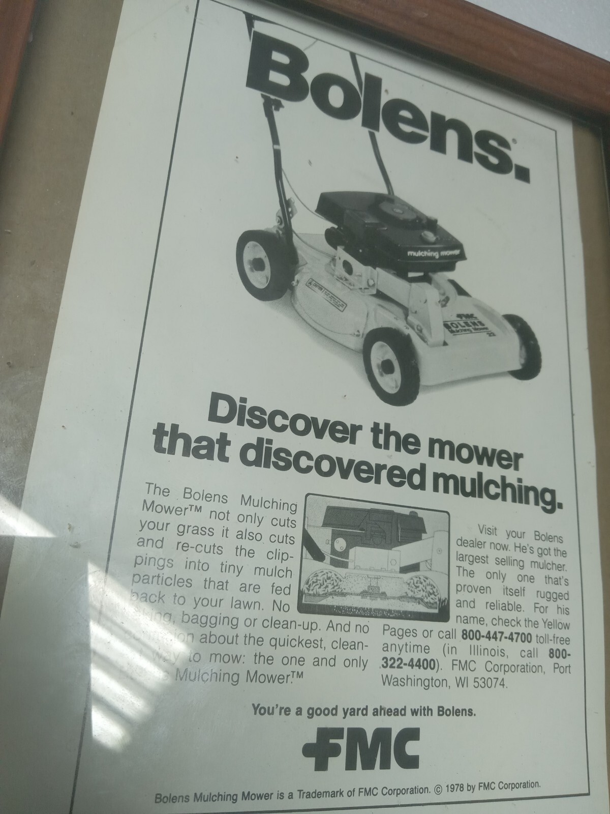Bolens Mulching Lawn Mower Print Ad 1970s In Vntge 8×10″ Frame A Good Yard Ahead