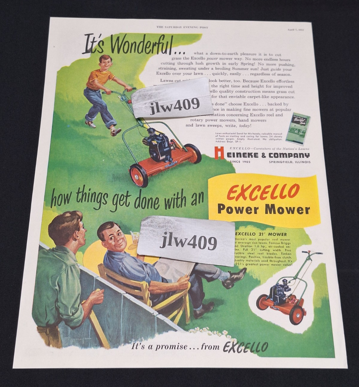 1951 EXCELLO LAWN MOWER Original Print Ad Magazine Heineke & Company 10″x13″