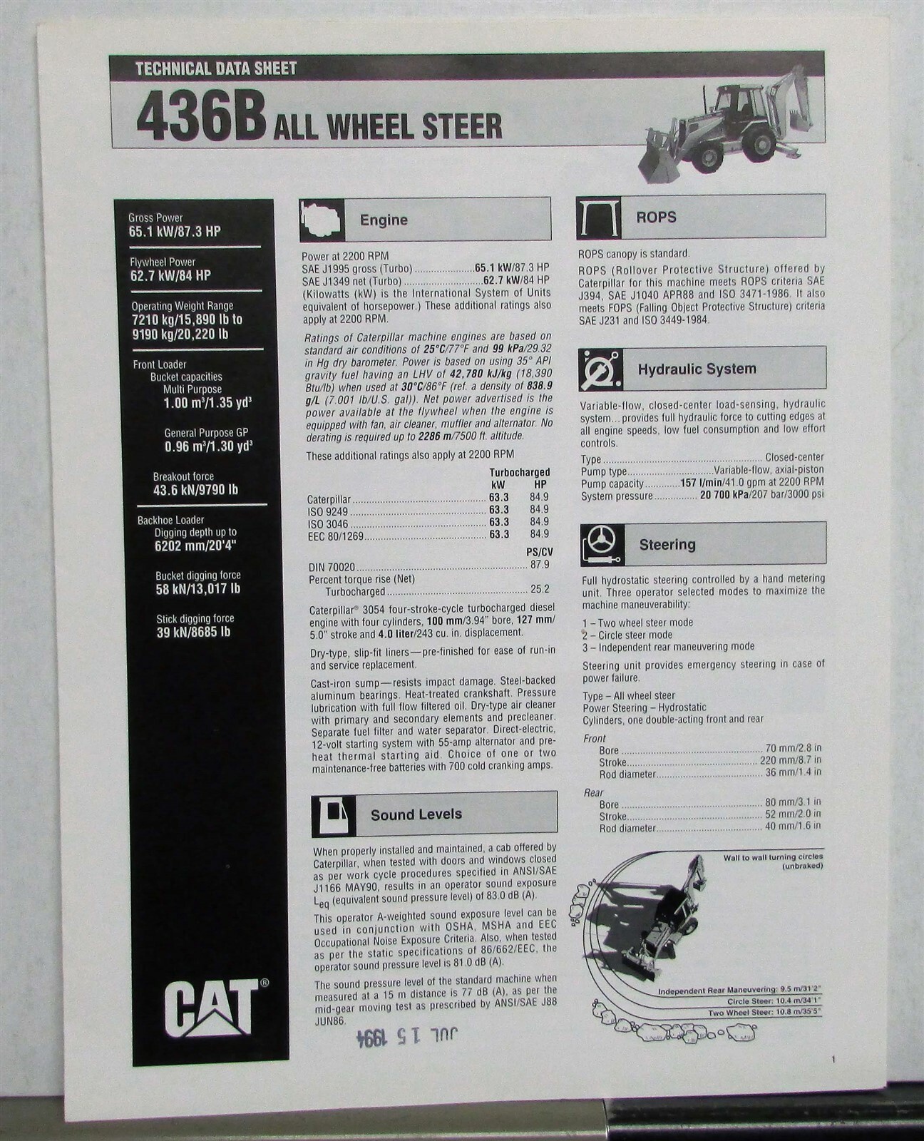 1994 Caterpillar 436B All Wheel Steer Specifications Construction Sales Brochure