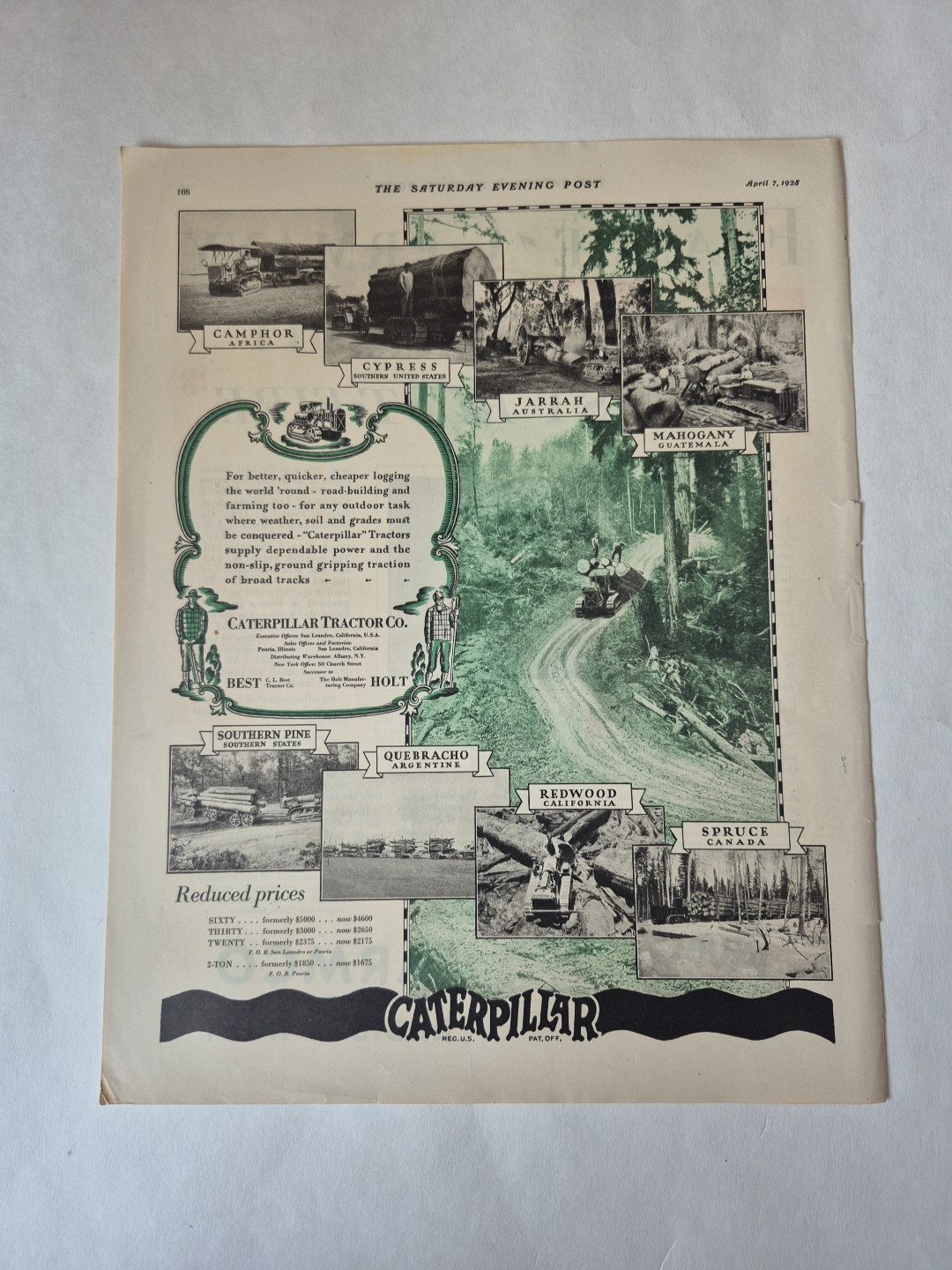 1928 CATERPILLAR The Saturday Evening Post VINTAGE AD Logger Tractor Holt