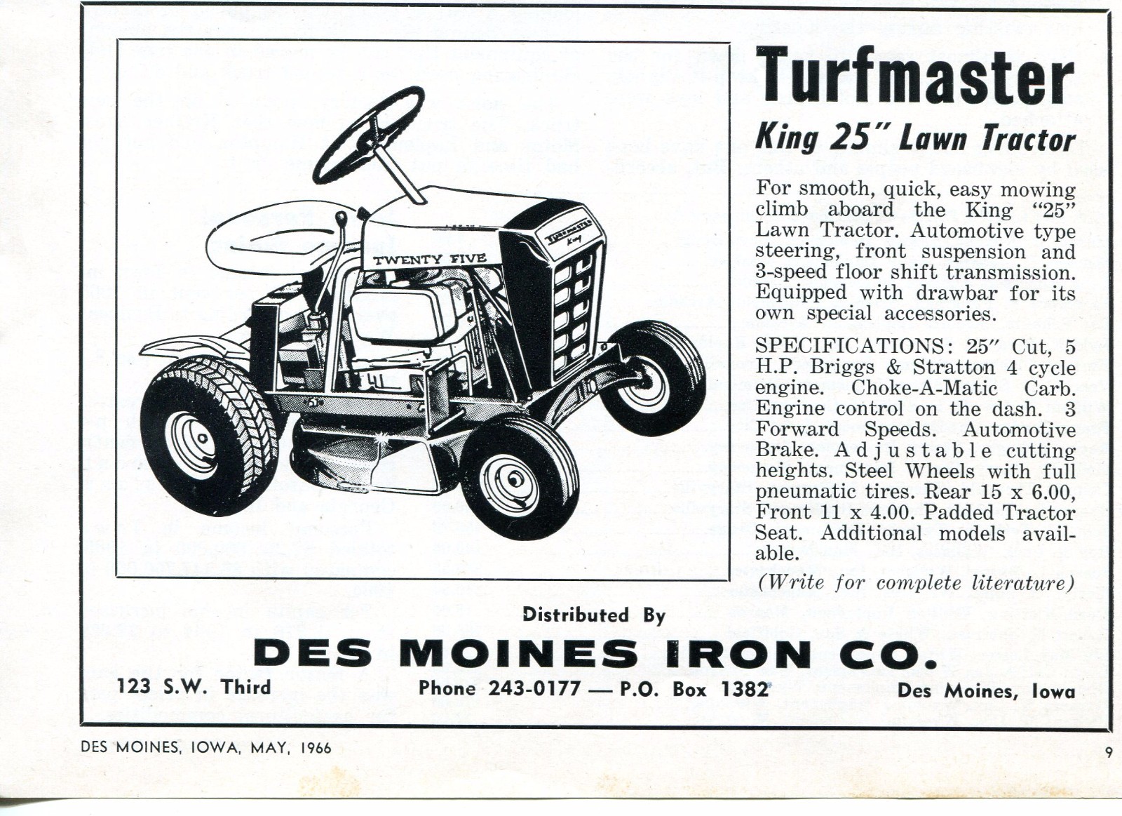 1966 small Print Ad of Des Moines Iron Turfmaster King 25 Lawn Mower Tractor