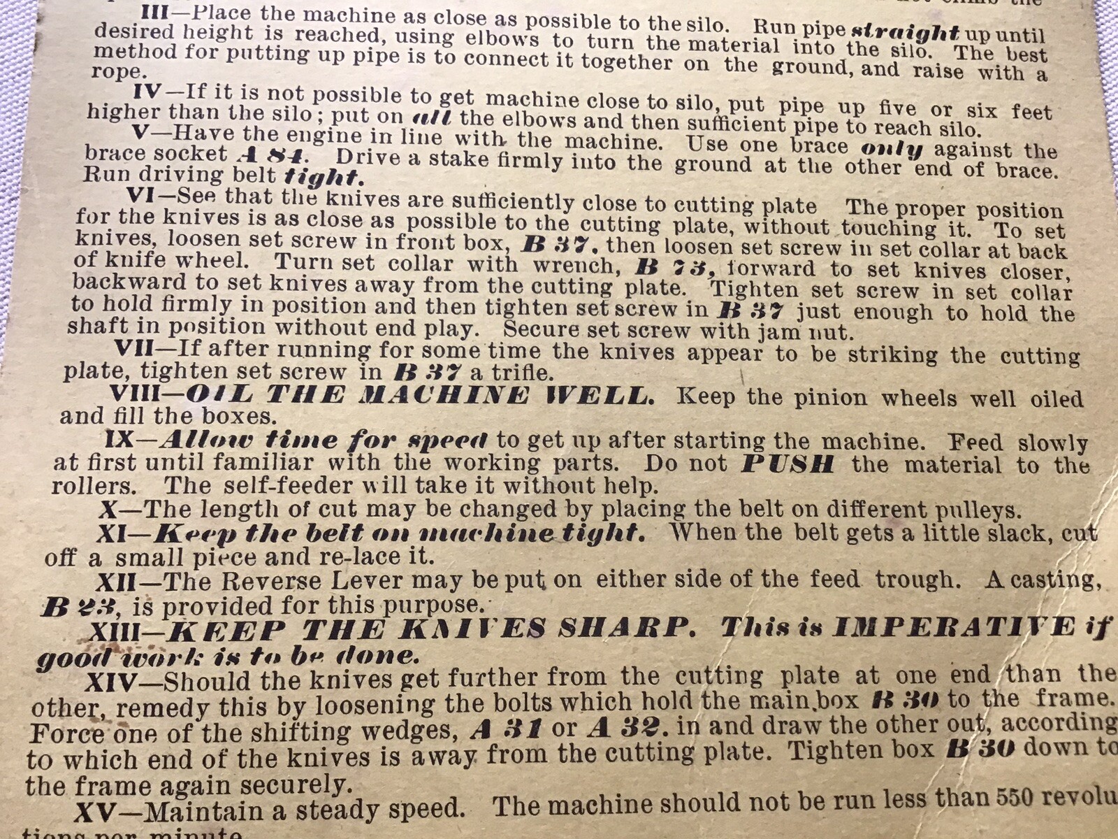 Vintage Cardboard Directions For Climax “B” Warsaw-Wilkinson Ensilage Cutters