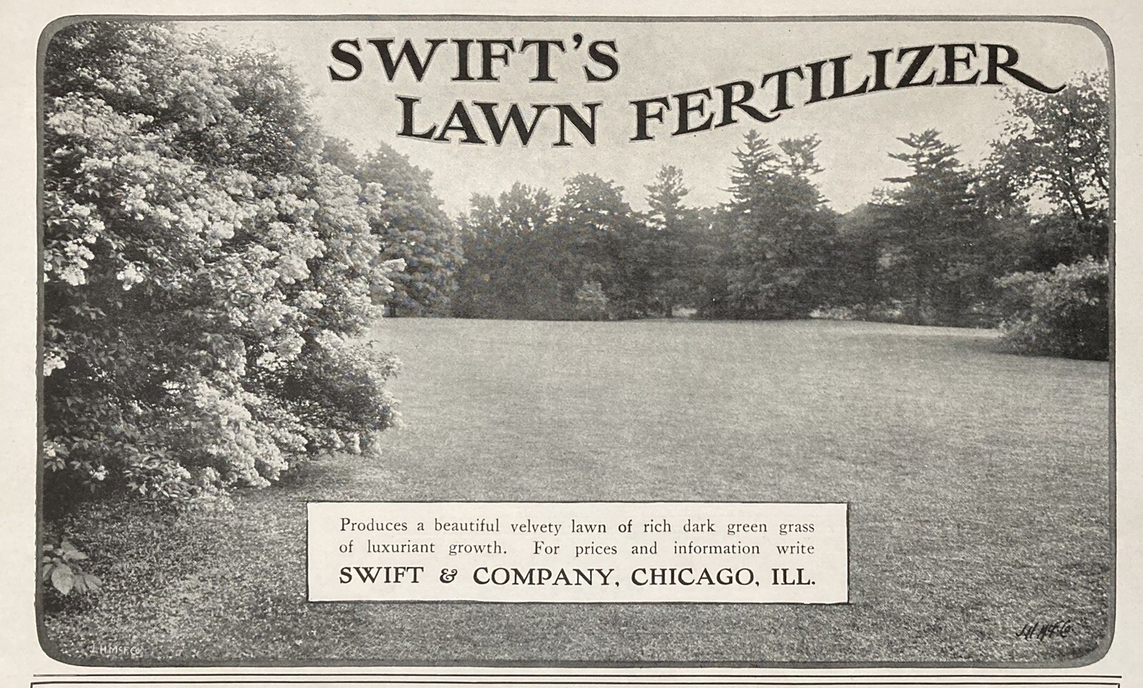 1905 AD.(XH68)~SWIFT & CO. CHICAGO. SWIFT’S LAWN FERTILIZER FOR COUNTRY ESTATES
