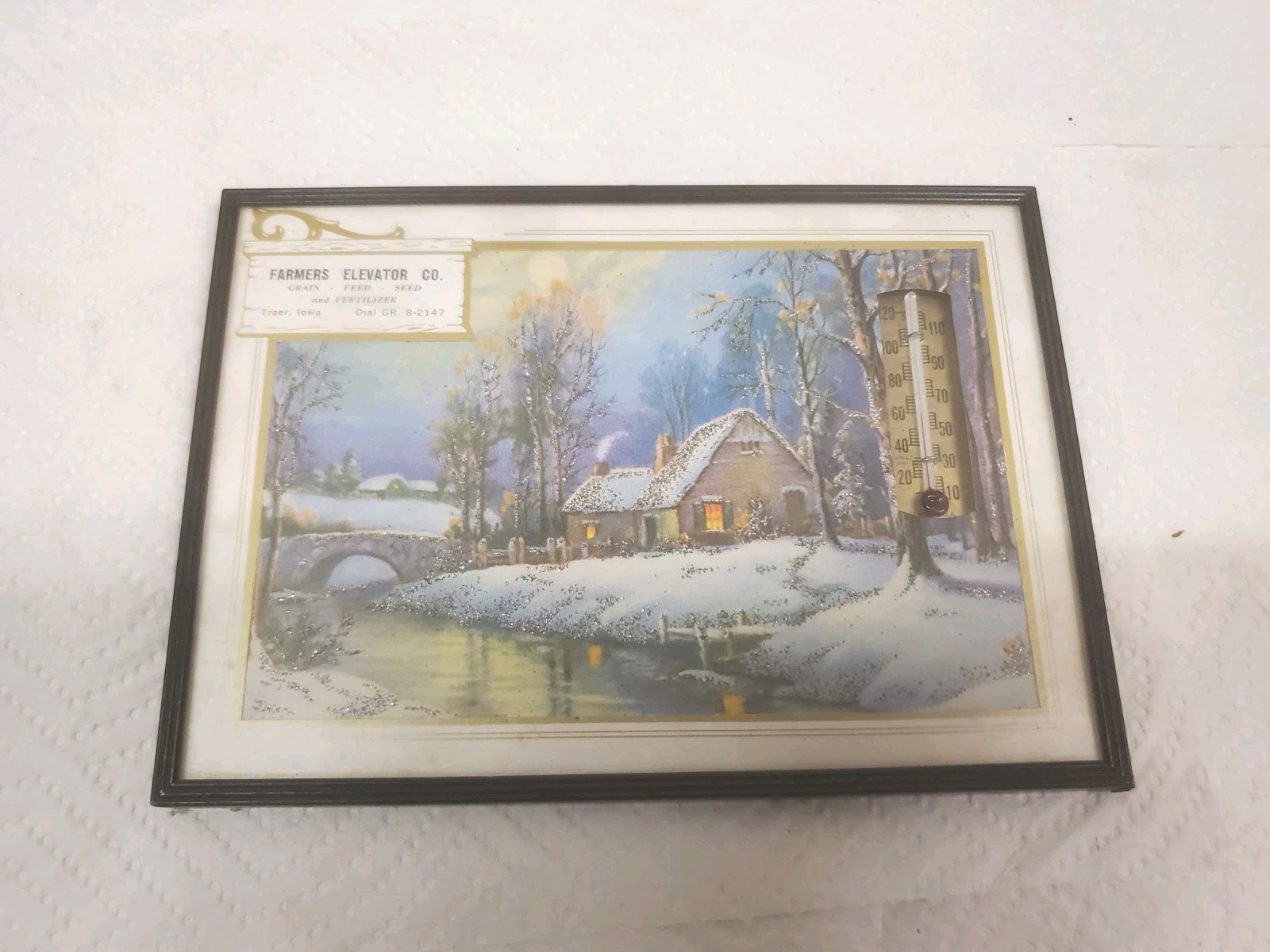 7″ X 5″ Framed Thermometer Farmers Elevator Traer Iowa 1960 Calendar Grain Feed