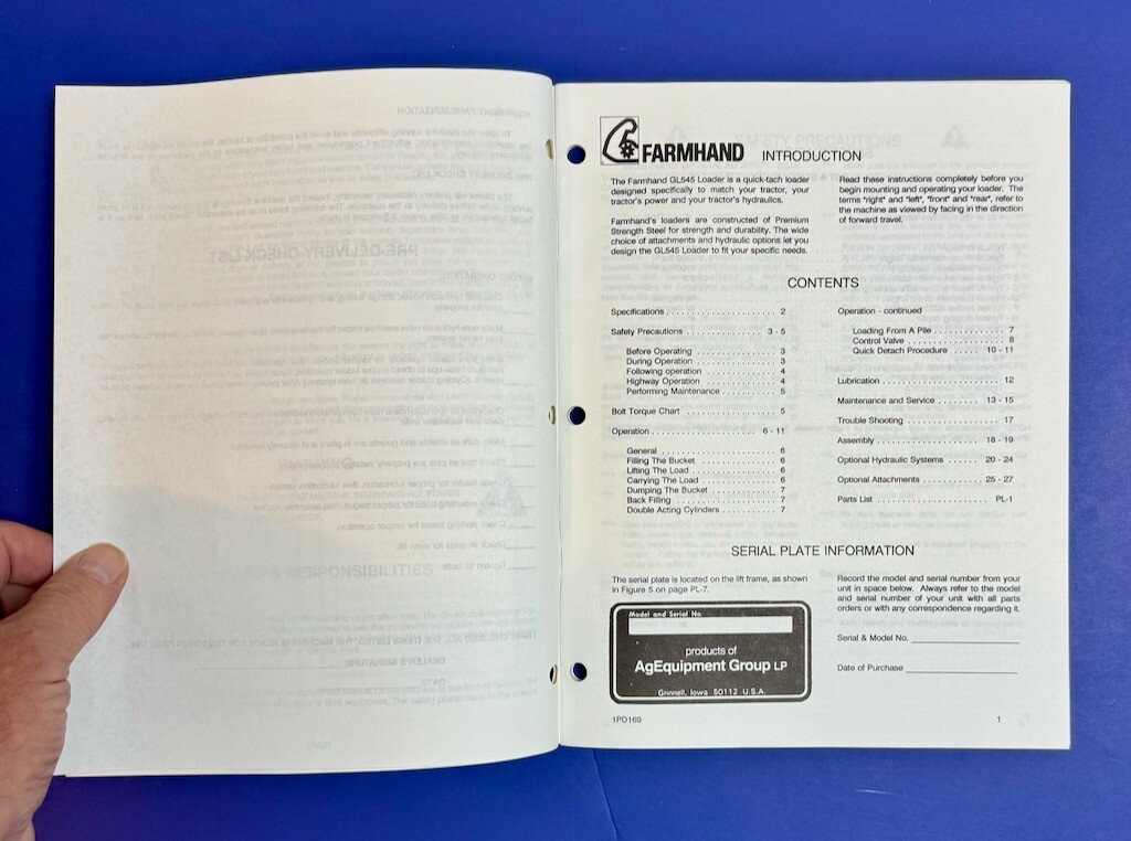 Farmhand GL545 Loader Parts Setup & Operators Manual