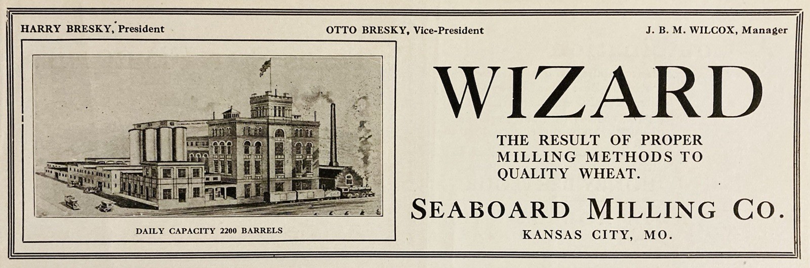 1919 AD.(PC9)~SEABOARD MILLING CO. KANSAS CITY, MO. “WIZARD” BRAND WHEAT