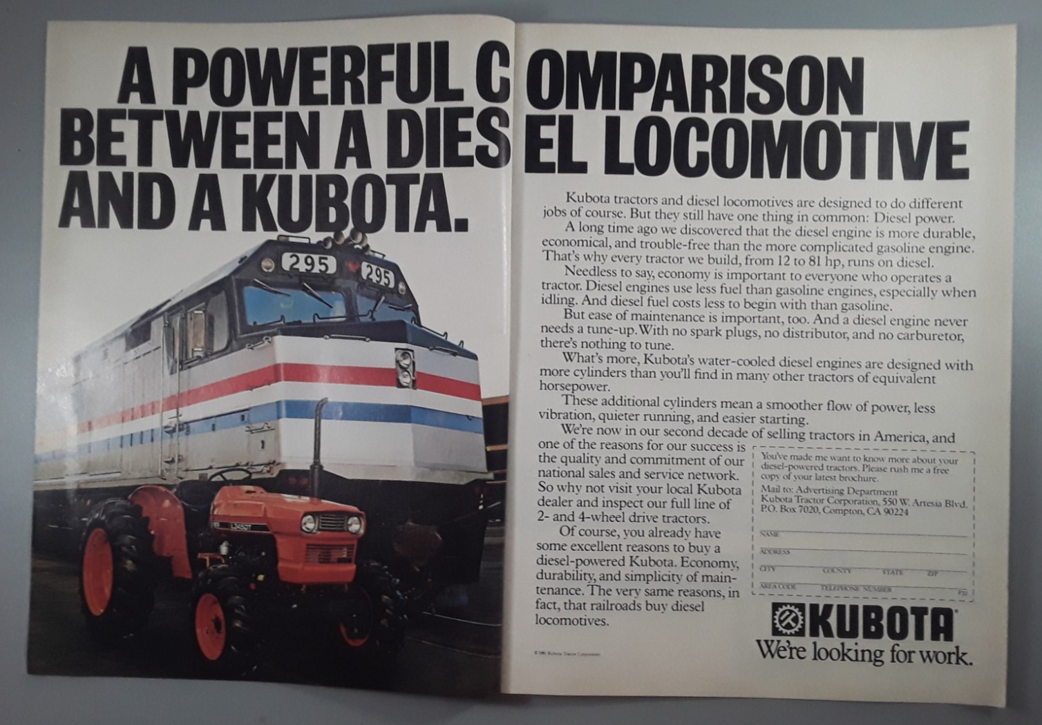 Original 1981 Kubota Tractor 2-Page Magazine Ad “Locomotive”