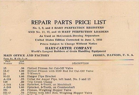 Repair Parts Price List for Hart Perfection Registers and Loaders 1936