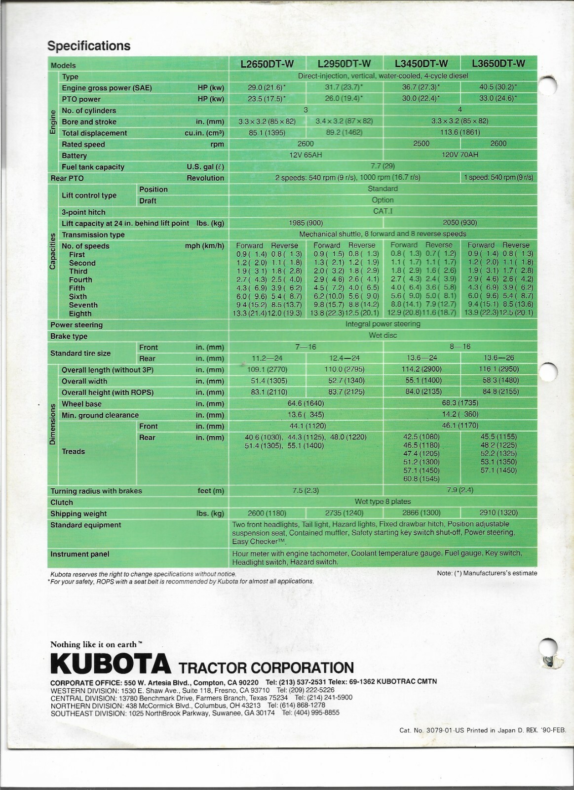 Kubota L2650DTW L2950DTW L3450DTW L3650DTW Diesel Tractor Sales Brochure 02/1990