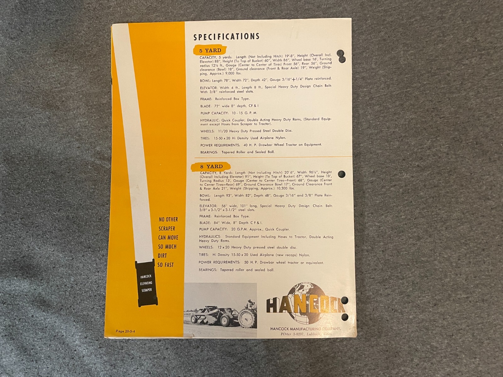 1950’s Hancock Scrapers Brochure Spec Sheet 5 Yard 8 Yard 4 Pages Vintage
