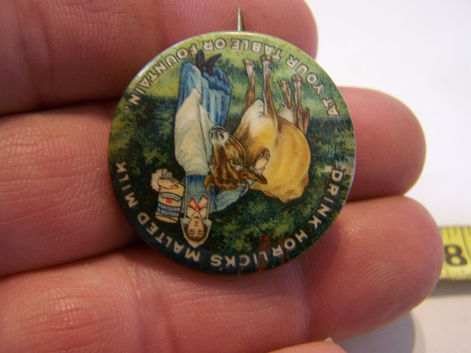 HORLICK’S MALTED MILK Celluloid Pinback Farm Dairy Jersey Cow Whitehead Hoag