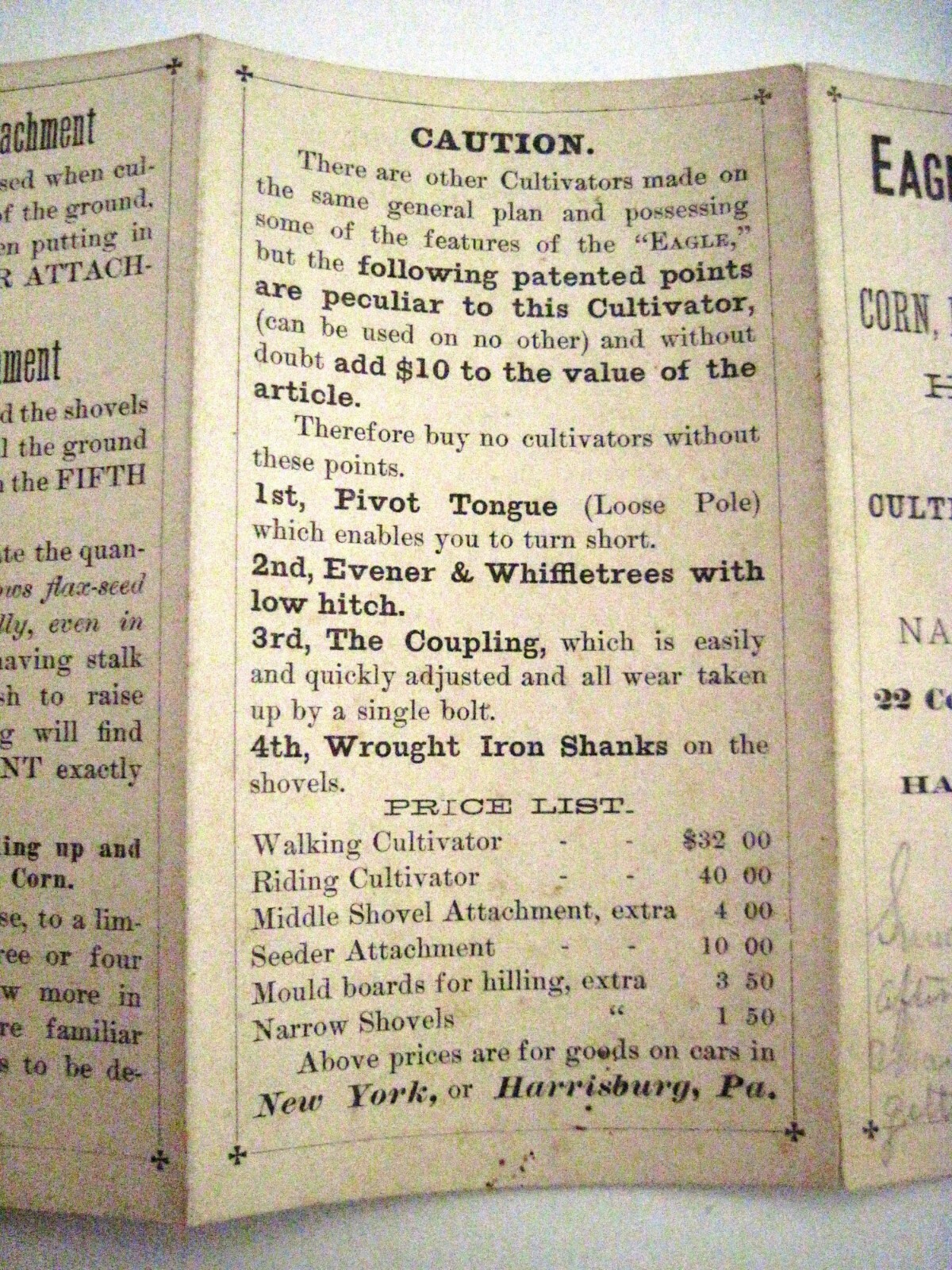 1880 Pull-Out Advertising Brochure for “Eagle Cultivator” w/ Great Pictures *