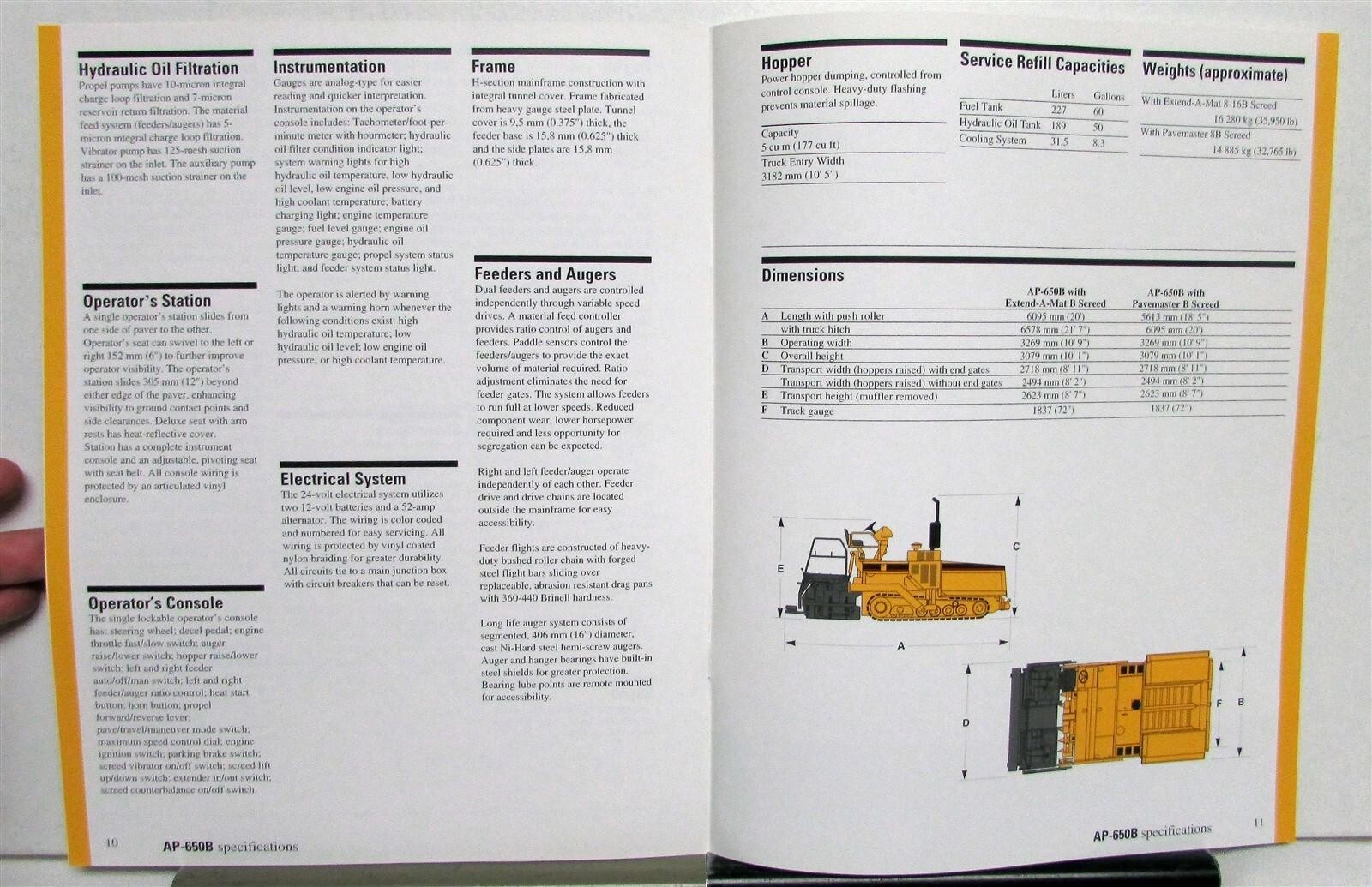 1998 Caterpillar AP 650B Track Asphalt Paver Specs Construction Sales Brochure