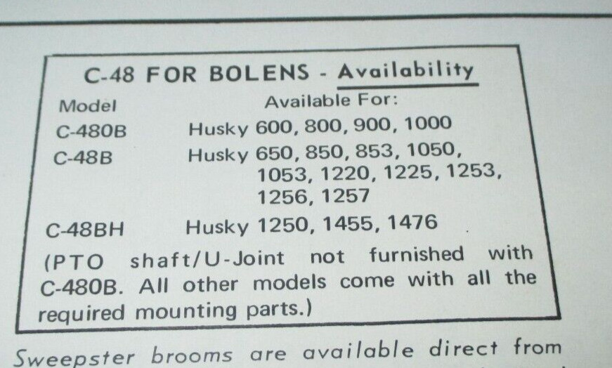 Bolens Sweepster C-48 BH Broom Sweeper for Tractors Spec Sheet / Brochure SBH570