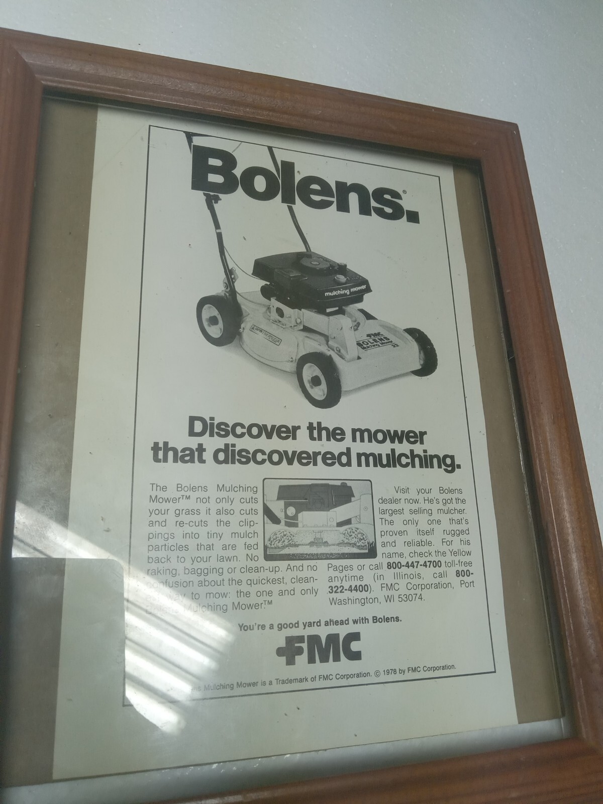 Bolens Mulching Lawn Mower Print Ad 1970s In Vntge 8×10″ Frame A Good Yard Ahead