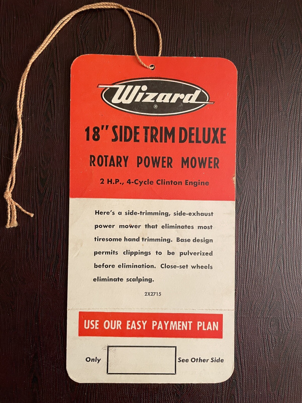 VINTAGE 1950’ S WESTERN AUTO ‘WIZARD’ LAWN MOWER SALES HANG TAG , Automotive