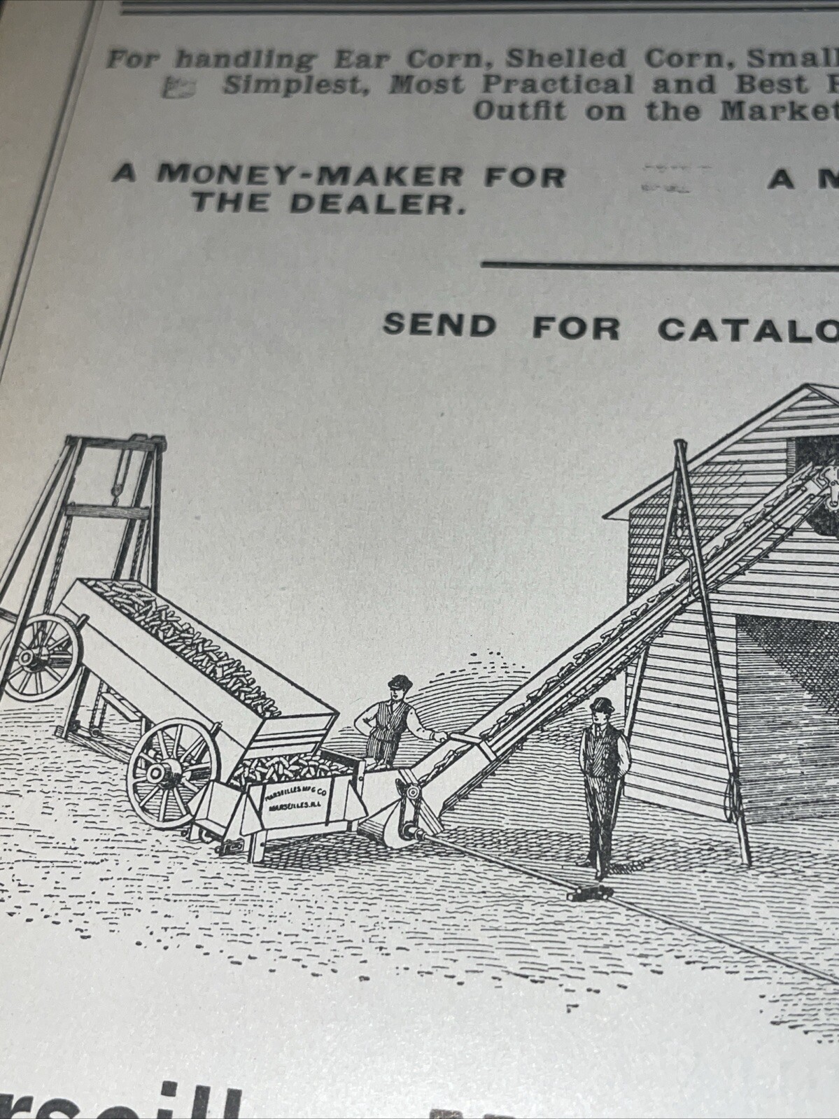 ORIGINAL 1907 Marseilles Elevator & Wagon Dump Farm Implement Advertising