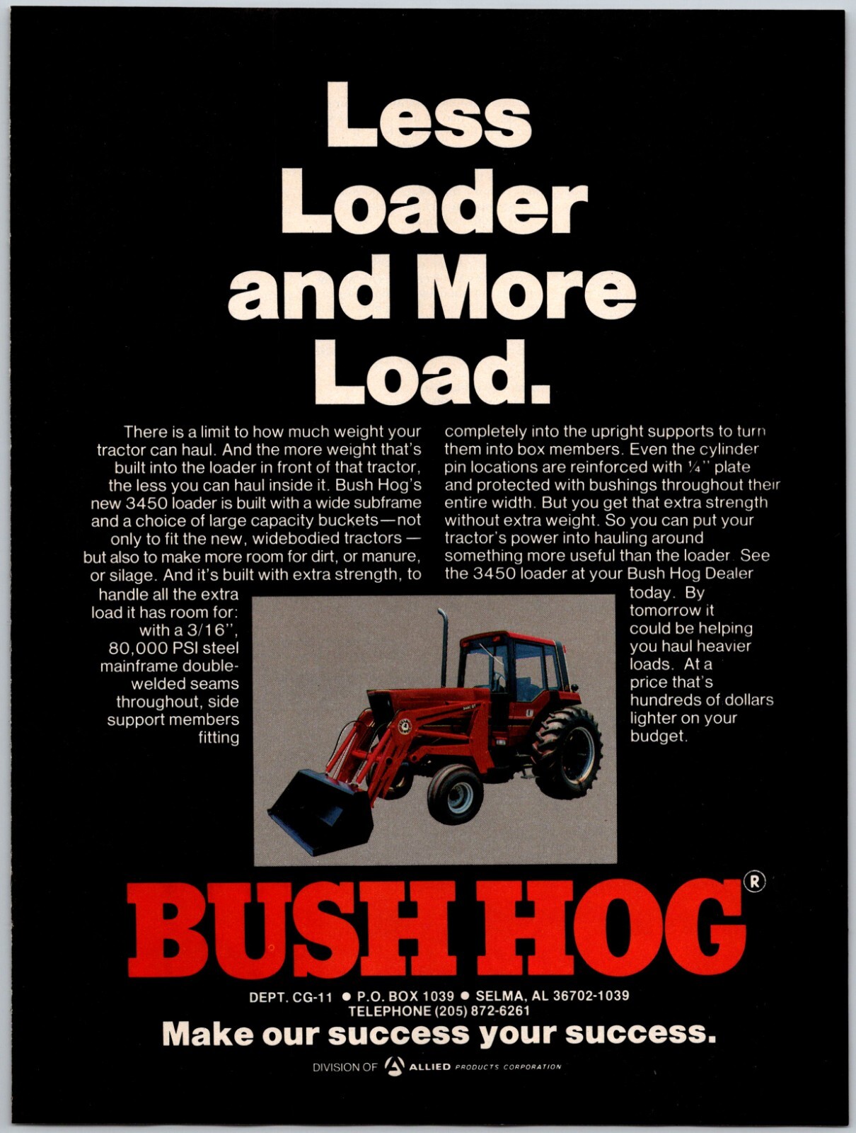 PRINT AD Bush Hog 3450 Loader 1984 Allied Products Selma AL