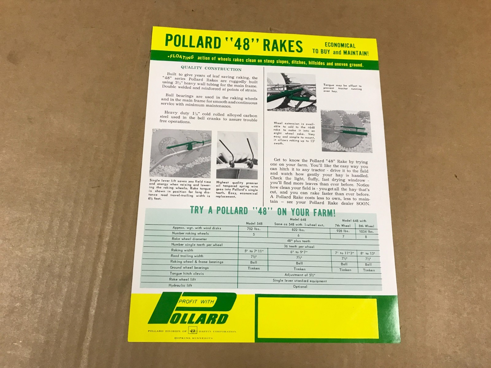 Vintage Pollard Model 48 Series Wheel-Type Rakes Salesman Flyer