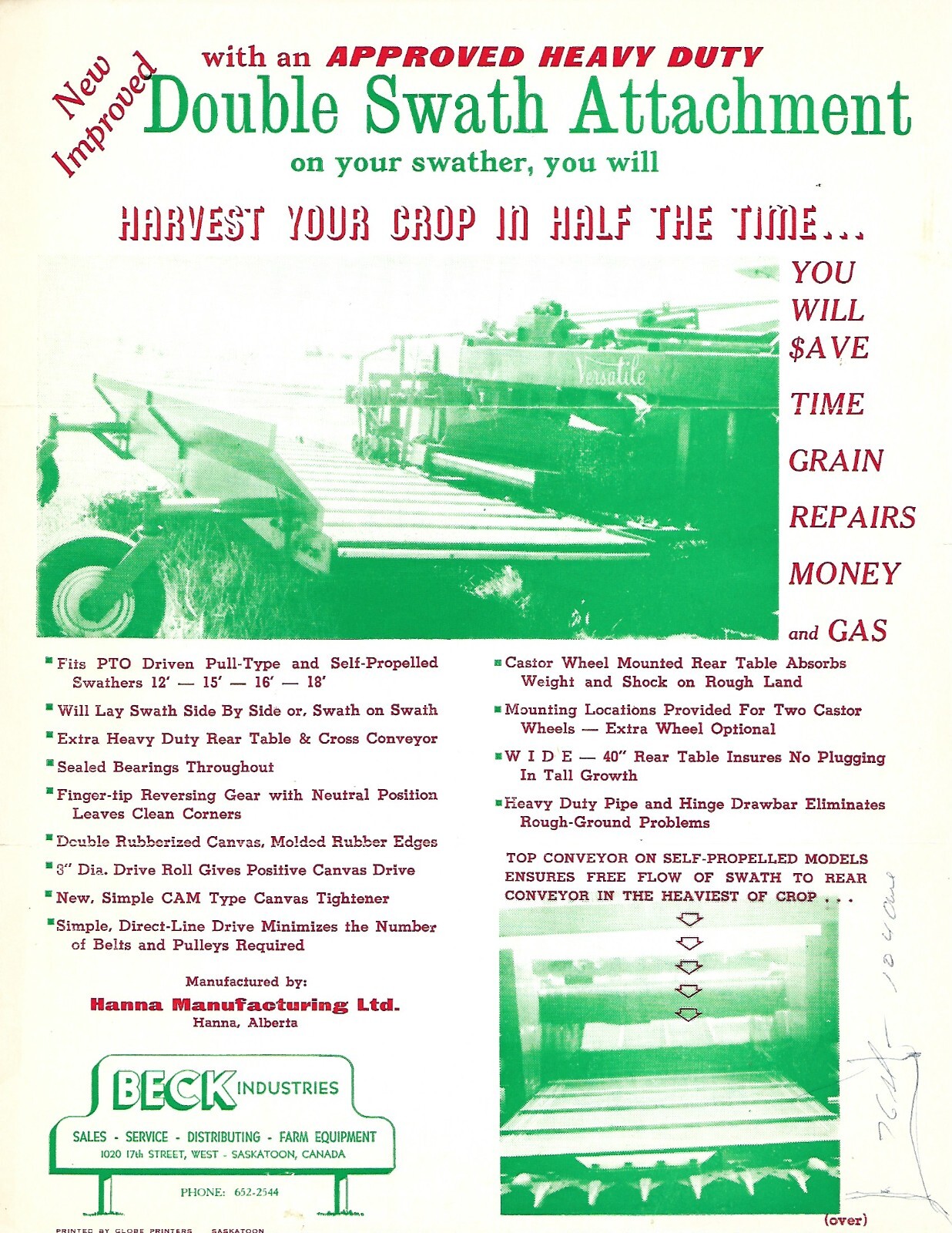 Farm Data Sheet Ad – Beck – Double Swath Attachment for Swather c1970’s (F7946)