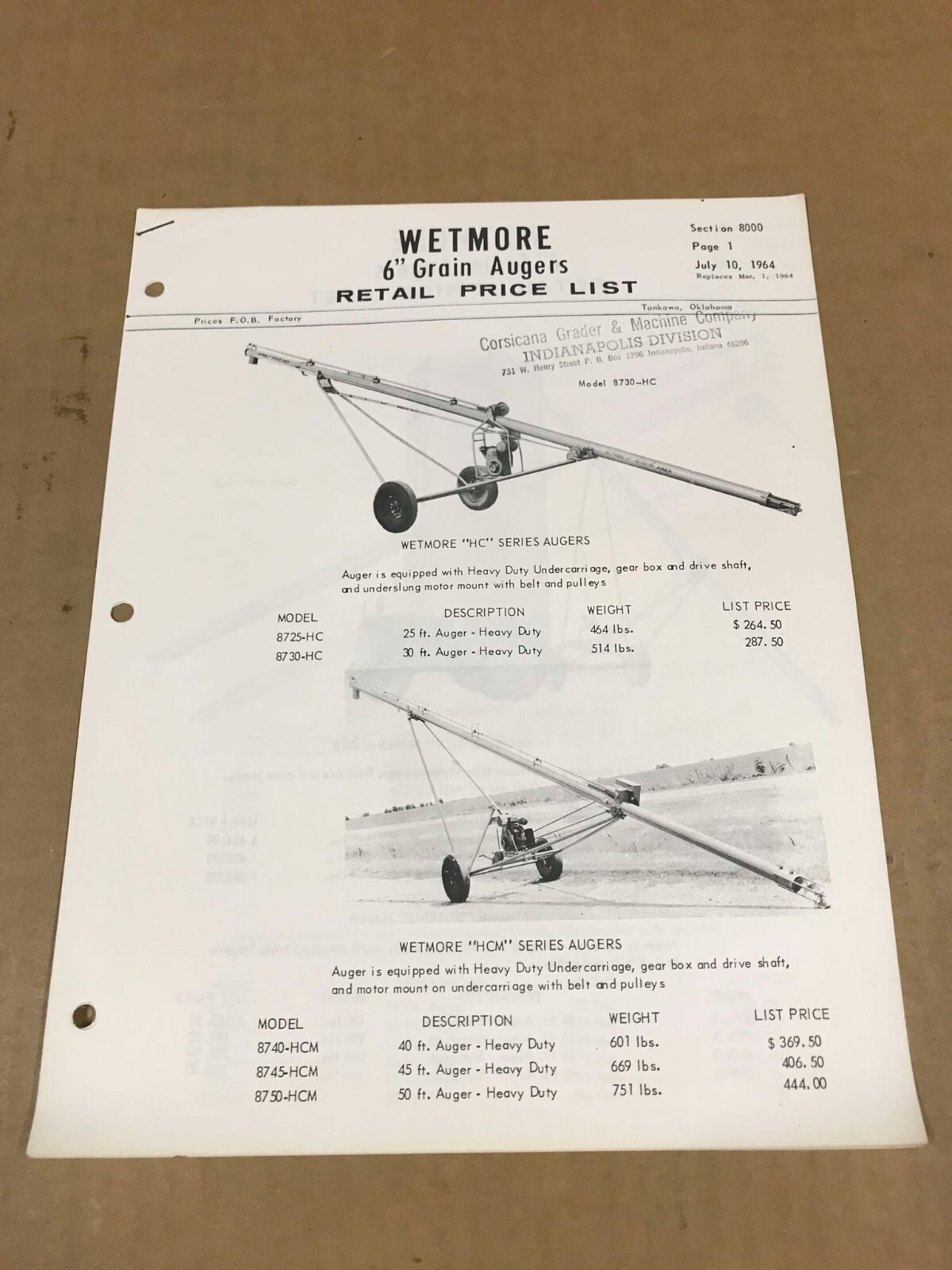 Vintage 1964 Wetmore 6″ Grain Augers Retail Price List