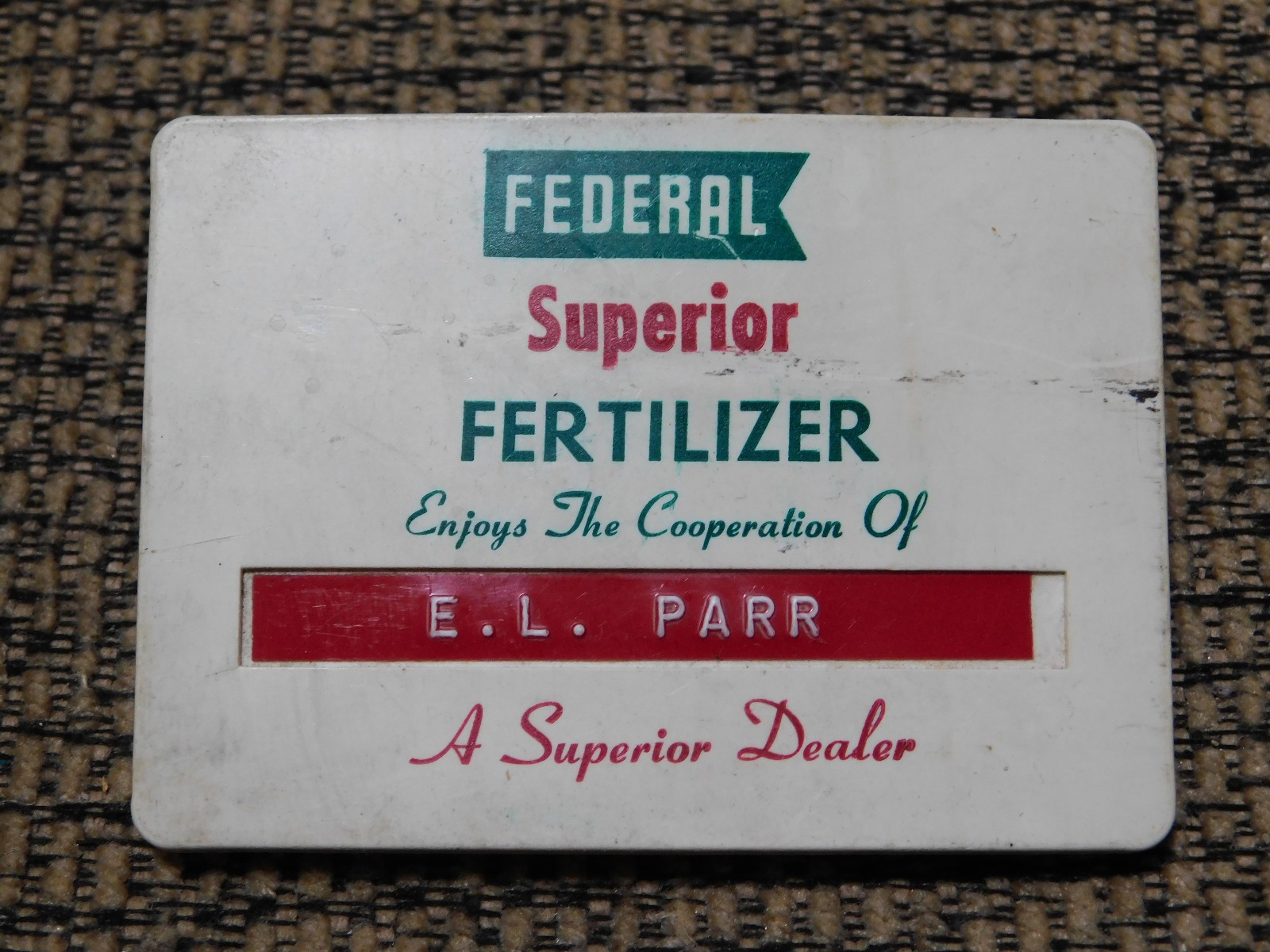 3″ Vintage Federal Superior Fertilizer Advertising Clip Plastic Name Badge