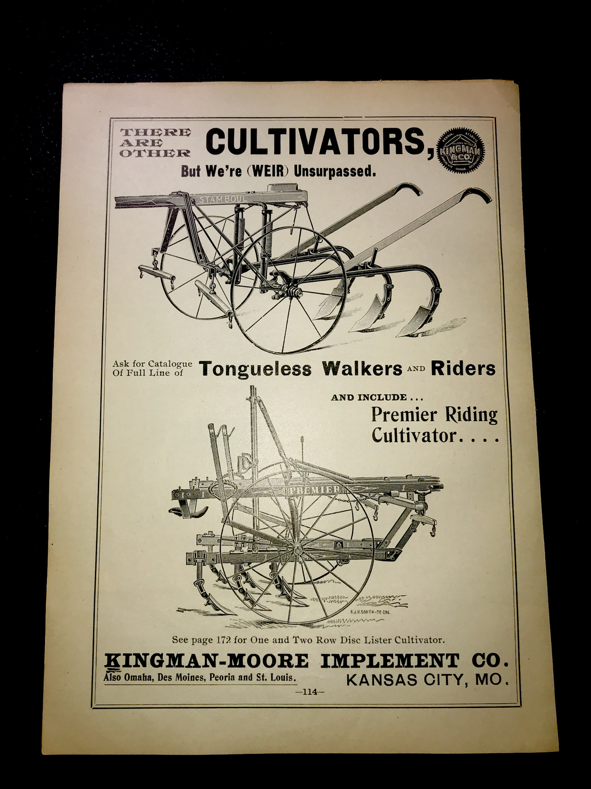 1898 Kingman Moore Cultivator Farm Advertising – Kansas City – Missouri