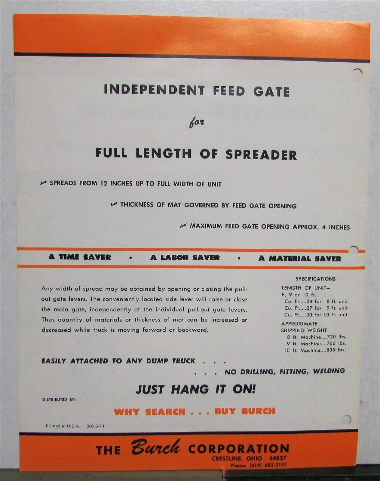 1971 Burch Gravity Spreader GFL 8 9 10Construction Sales Data Sheet