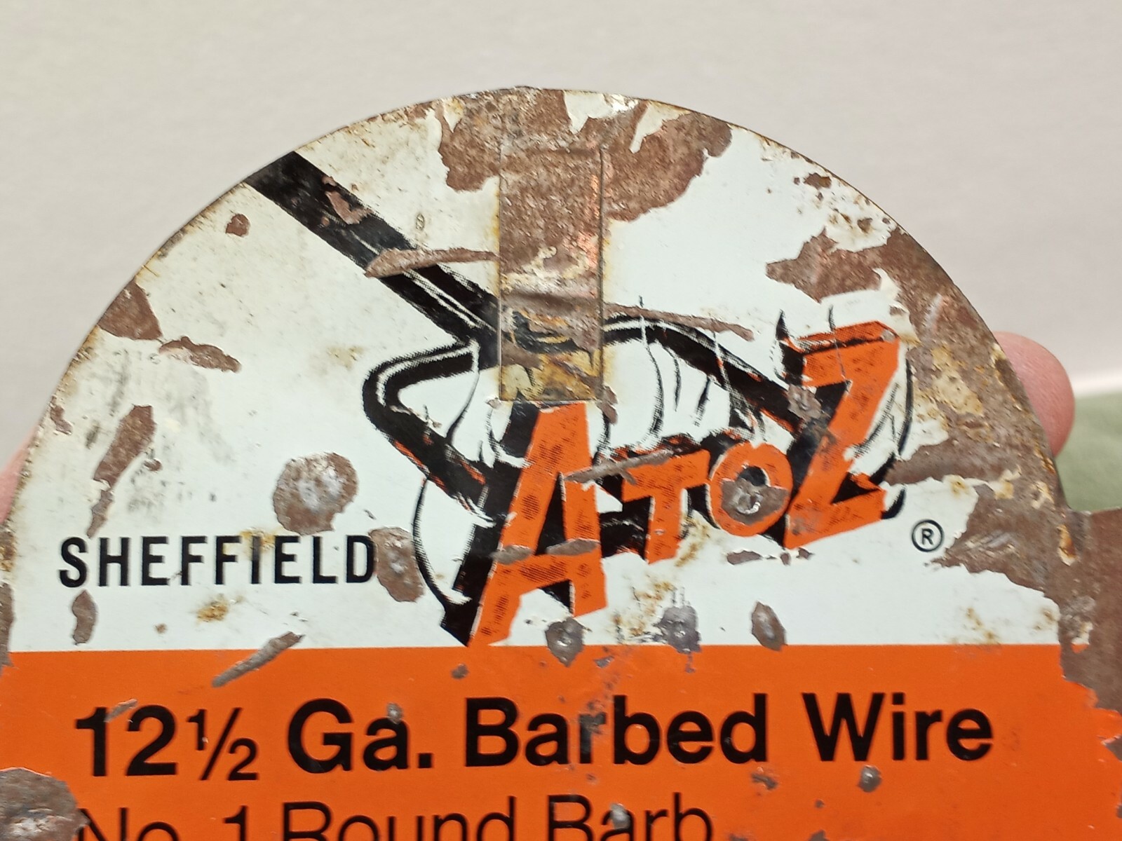 Vtg SHEFFIELD A to Z BARBED WIRE FENCE TIN METAL SIGN USA ARMCO STEEL CORP.