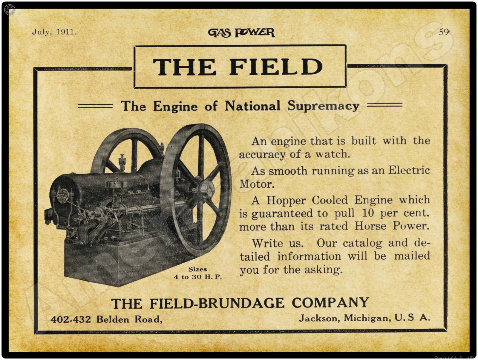 1911 Field Brundage Gas Engines New Metal Sign: Jackson, MI LARGE SIZE 12 x 16