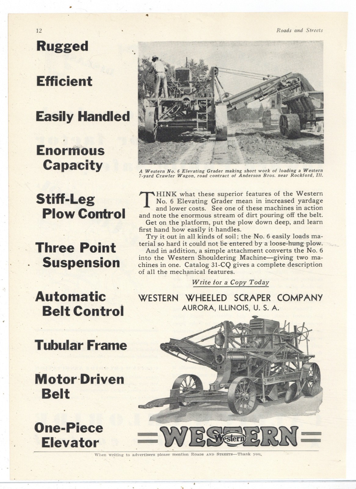 1934 Western Wheeled Scraper Co. of Aurora, Illinois Ad: Rockford IL Road Job