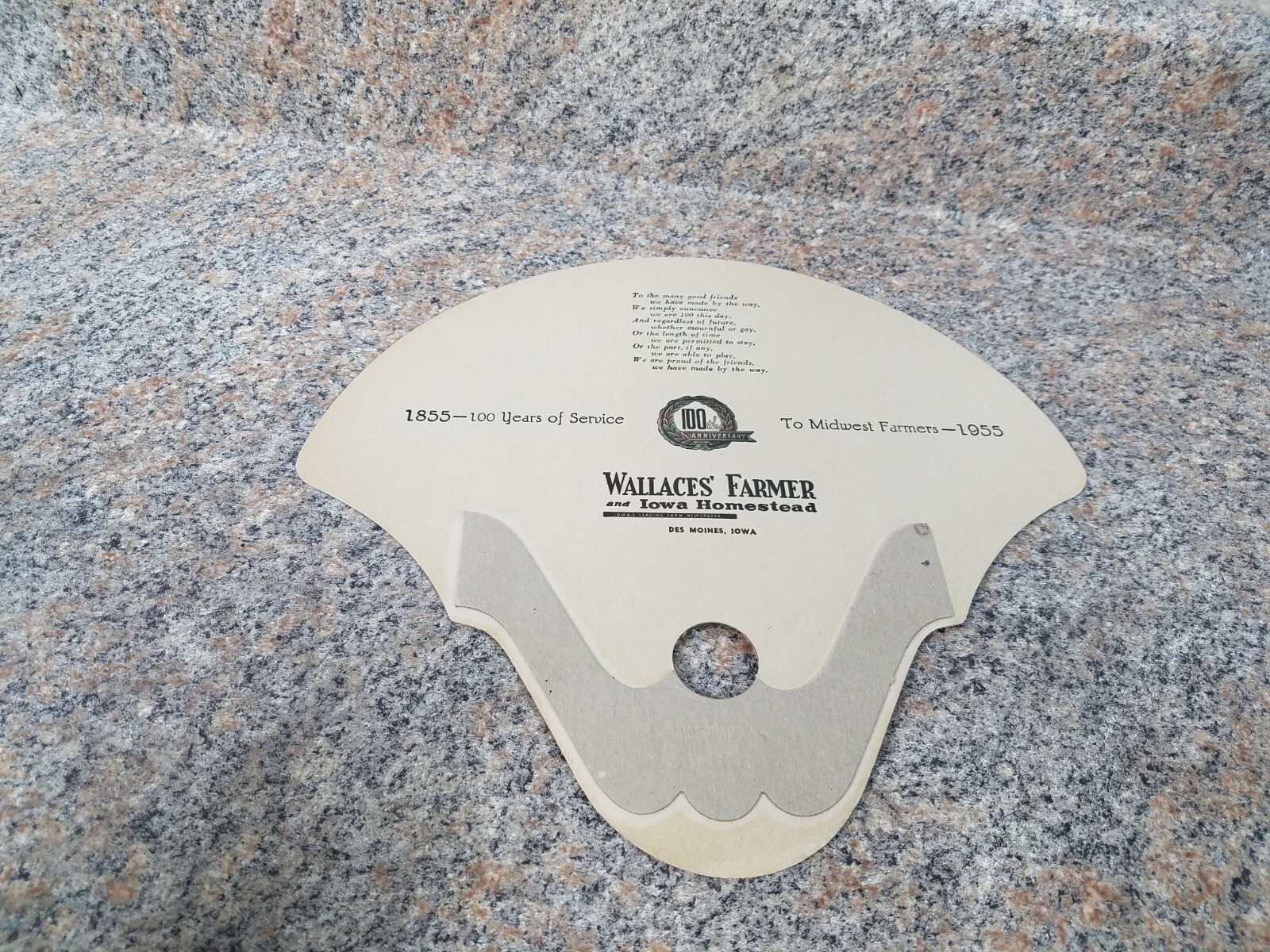 VINTAGE WALLACES’ FARMER 100TH ANNIVERSARY HAND HELD FAN, DES MOINES, IOWA, 1955
