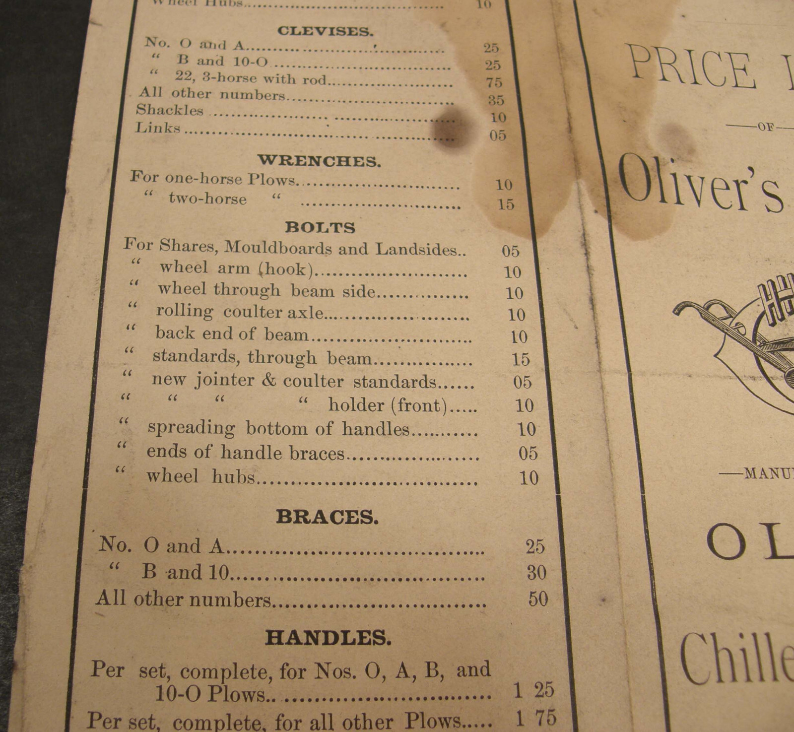 ANTIQUE 1883 PRICE LIST OLIVER AGRICULTURAL PLOW WORKS SOUTH BEND INDIANA