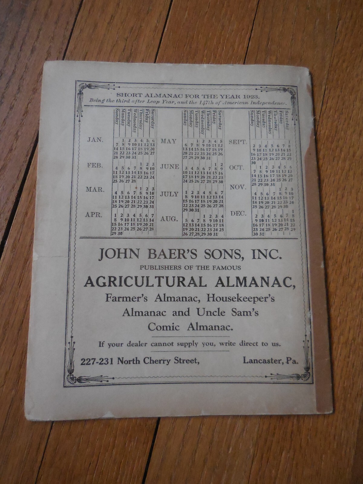 2 Vintage Agricultural Almanacs, Lancaster, PA 1923, 1926, John Baer’s Sons