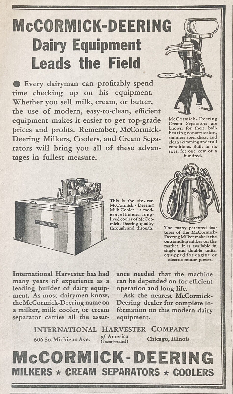 1936 AD(XH30)~INTERNATIONAL HARVESTER MCCORMICK-DEERING MILKERS AND COOLERS