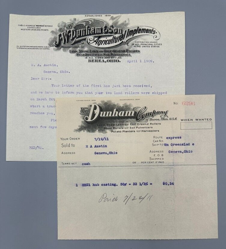 1909 Dunham ROAD ROLLER Antique FARM MACHINERY Advertising Letter BEREA Ohio