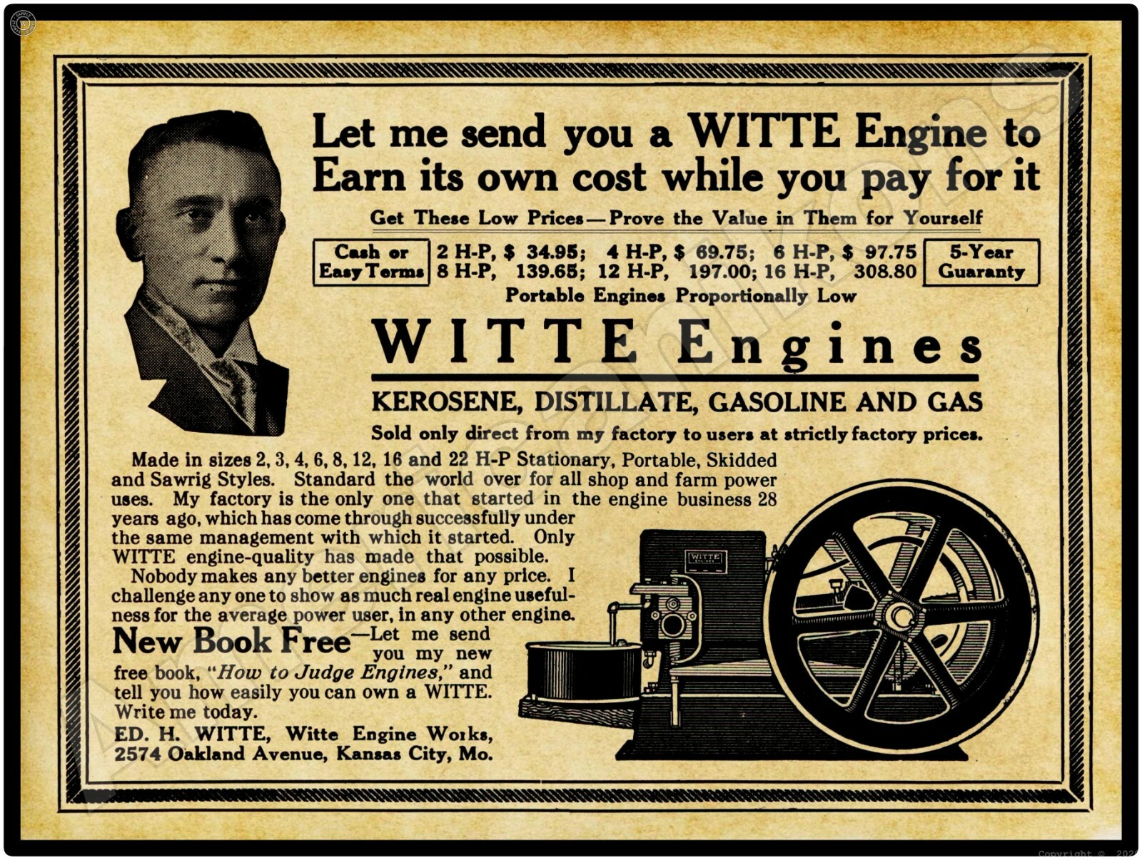 1915 Witte Gas Engines of Kansas City, Missouri New Metal Sign: Large Size